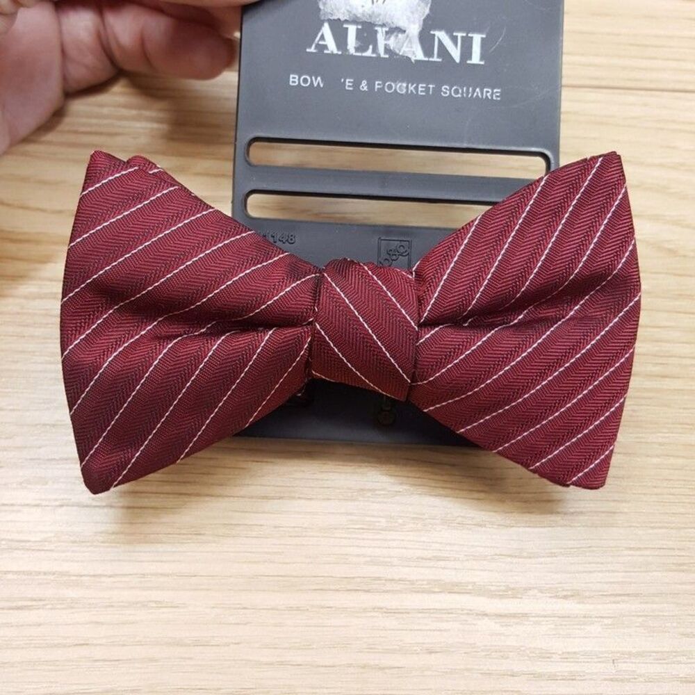 ALFANI Mens Bow Tie Maroon Red Stripe Adjustable Pre-Tied Bowtie